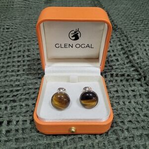 Glen Ogal Luxury Tigereye Cufflinks in Orange Box.